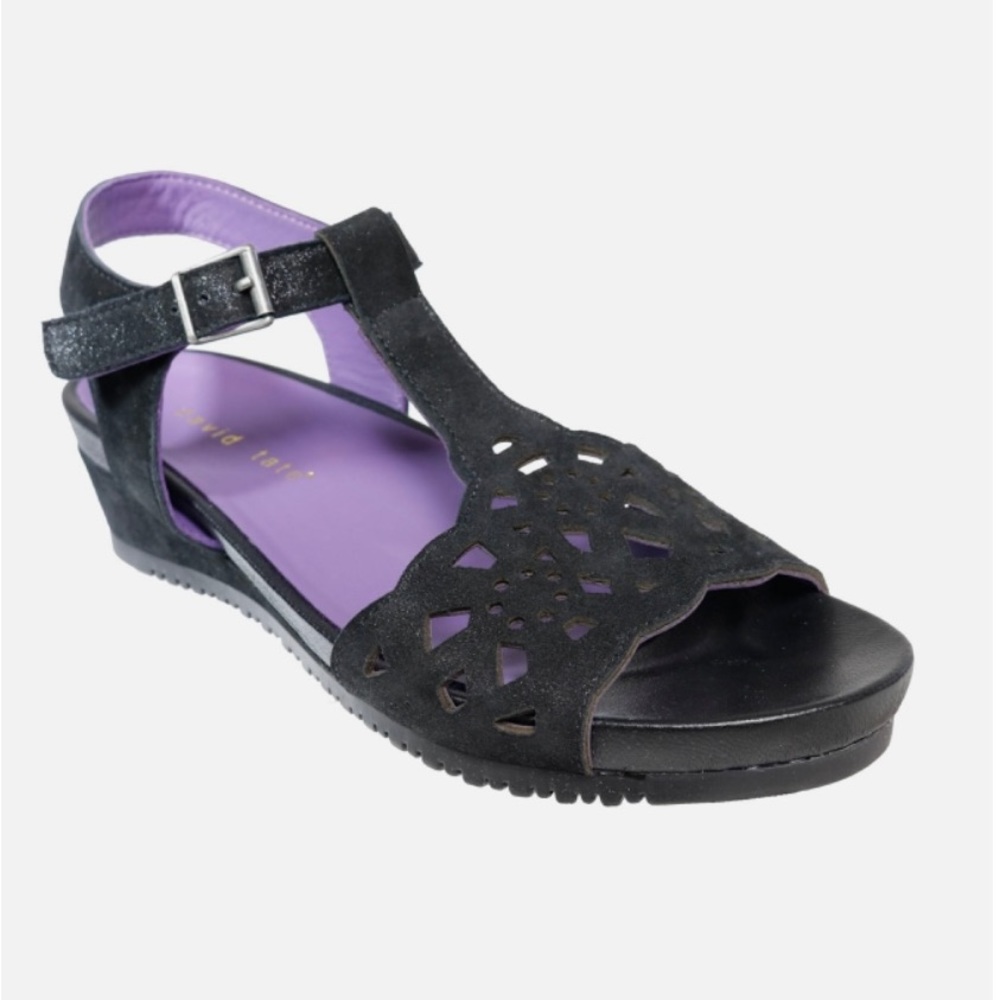 DAVID TATE OSLO Black Suede Wedge Sandal. Like New. Size 9